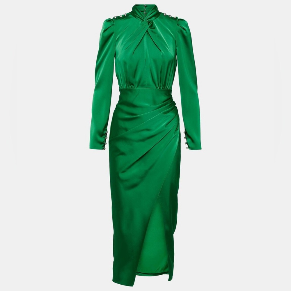 NWOT Self-Portrait Green Long Sleeve Draped Satin Midi Dress